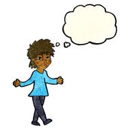 cartoon woman shrugging shoulders with thought bubble N116