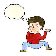 cartoon boy doing crazy dance with thought bubble N3
