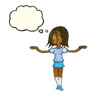 cartoon woman shrugging shoulders with thought bubble N118