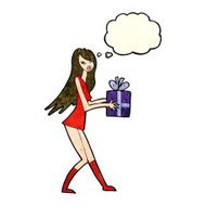 cartoon fashion girl with present thought bubble N2