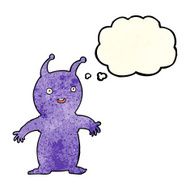 cartoon happy little alien with thought bubble N3