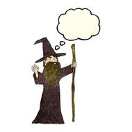 cartoon old wizard with thought bubble N2