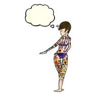 cartoon bikini girl covered in tattoos with thought bubble N3