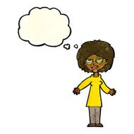 cartoon woman wearing glasses with thought bubble N5