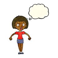 cartoon confused woman shrugging shoulders with thought bubble N3