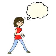 cartoon woman walking with thought bubble N3