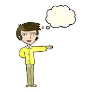 cartoon man gesturing welcome with thought bubble N3