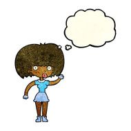 cartoon woman waving with thought bubble N76