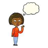 cartoon woman waving with thought bubble N77