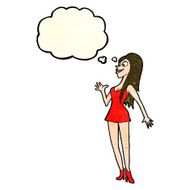 cartoon woman in pink dress with thought bubble N3