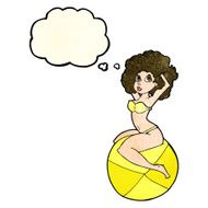 cartoon pin up girl sitting on ball with thought bubble N3