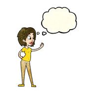 cartoon woman waving with thought bubble N78