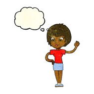 cartoon woman waving with thought bubble N79