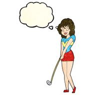 cartoon woman playing golf with thought bubble N5