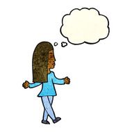 cartoon woman shrugging shoulders with thought bubble N119