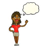 cartoon woman waving with thought bubble N82
