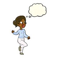 cartoon friendly woman waving with thought bubble N11