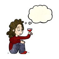 cartoon unhappy woman with glass of wine thought bubble N3