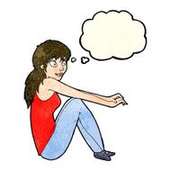 cartoon happy woman sitting with thought bubble N4