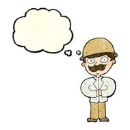 cartoon man in safari hat with thought bubble N2