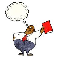 cartoon happy boss with file thought bubble N3