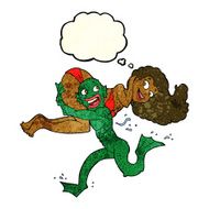 cartoon swamp monster carrying girl in bikini with thought bubbl N3