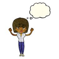 cartoon woman with raised hands thought bubble N3