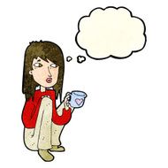 cartoon woman sitting with cup of coffee thought bubble N3
