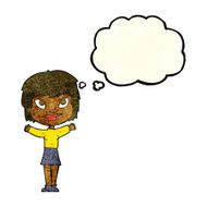 cartoon woman waving arms with thought bubble N5