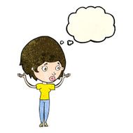 cartoon woman raising hands in air with thought bubble N6