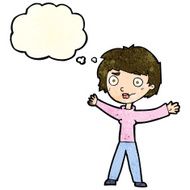 cartoon woman waving arms with thought bubble N6