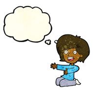 cartoon shocked woman on knees with thought bubble N3