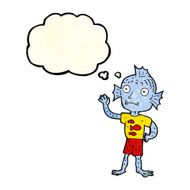 cartoon waving fish boy with thought bubble N3