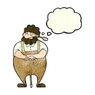 cartoon farmer leaning on walking stick with thought bubble N2