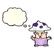 cartoon little mushroom man with thought bubble N3