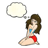 cartoon woman in skimpy clothing with thought bubble N3