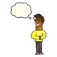 cartoon grinning man wearing sunglasses with thought bubble N2