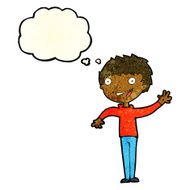 cartoon happy boy waving with thought bubble N5