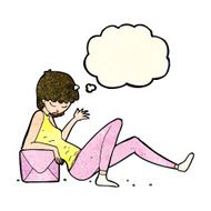 cartoon woman leaning on package box with thought bubble N3