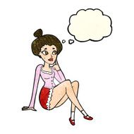 cartoon attractive woman sitting thinking with thought bubble N2