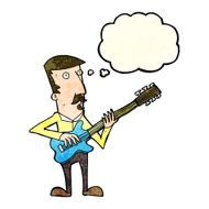 cartoon man playing electric guitar with thought bubble N5