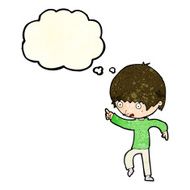 cartoon worried boy pointing with thought bubble N3