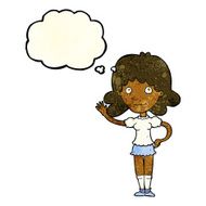 cartoon woman waving with thought bubble N87