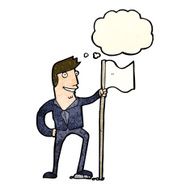 cartoon man planting flag with thought bubble N3