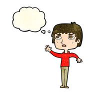 cartoon unhappy boy waving with thought bubble N2