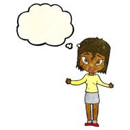 cartoon woman shrugging shoulders with thought bubble N123