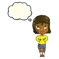 cartoon woman gesturing at self with thought bubble N8