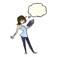 cartoon woman reading book with thought bubble N3