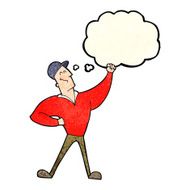 cartoon man striking heroic pose with thought bubble N3