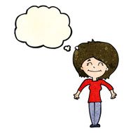 cartoon woman shrugging shoulders with thought bubble N124